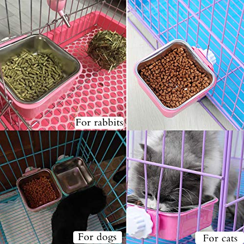 Hamiledyi 2-Pack Hanging Dog Bowls with Removable Stainless Steel Feeder - Spill-Proof Crate Bowls for Kennel/Cage, Puppy to Medium Dogs, Cats, Rabbits & Guinea Pigs (Durable Pet Food & Water Dishes) - color: D：Blue+Pink