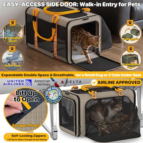 PAWZIDEA Expandable Pet Carrier for Small Cats & Dogs, TSA Airline Approved | 18"×11"×11" Soft-Sided Small Dog Travel Bag, Collapsible Top-Load Cat Carrier for 2 Cats Under Seat, Puppy Car Seat Up 15lbs - color: Khaki Plaid, size: 18.0"L x 11.0"W x 11.0"H