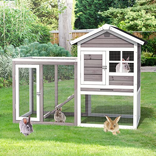 PETSITE Rabbit Hutch, 48.5" Wooden Chicken Coop with Roof & Tray, Bunny Cage Indoor Outdoor, Guinea Pig Pet House for Small Animals, Grey