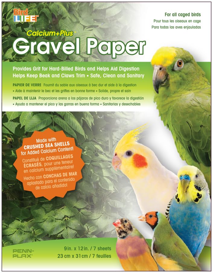 Penn-Plax Bird Life Gravel Paper - 7 Sheets, Bird Cage Liner with Crushed Seashells - Helps Maintain Beak and Claw Health, Provides Safe and Easy Cage Care, 9.5 x 15 Inches - size: 9.5" x 15"
