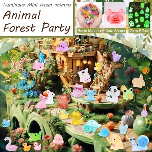 52Pcs Luminous Mini Resin Animals 52 Styles Miniature Glow in the Dark Resin Animal Figures to Hide Tiny Small Little Ducks Turtles Dinosaurs and Frogs for Micro Landscape Dollhouse Fairy Garden Decor - style: 52Pcs-Luminous