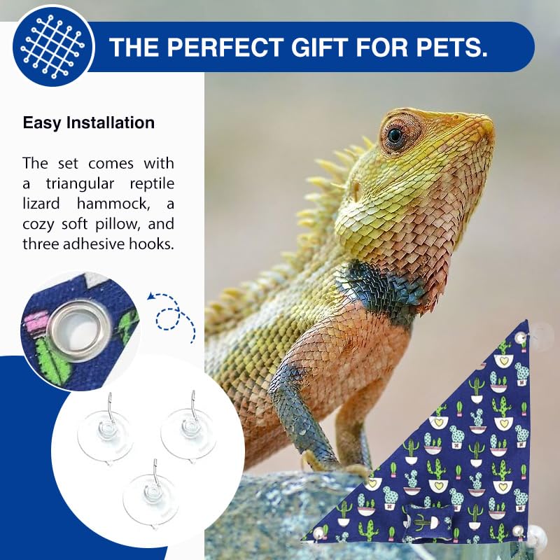 Bearded Dragon Hammock Swing Hanging Reptile Bed Lounger with Pillow Hooks & Suction for Large Small Bearded Dragons Geckos Lizards Snakes (Blue) - color: Blue