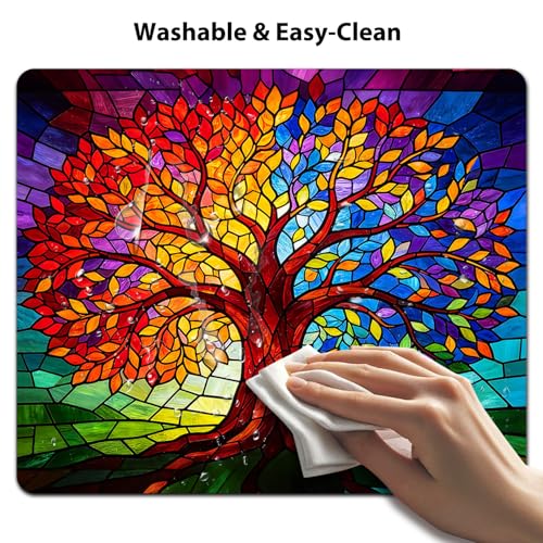 Abstract Tree of Life Mouse Pad, Rainbow Stained Glass Mosaic Art Desk Mat | 9.5"x 7.9", Vibrant Fantasy Design Colorful Artwork, Cute Smooth & Anti-Slip Mousepad - color: Colorful Design Wknoon-Art 01