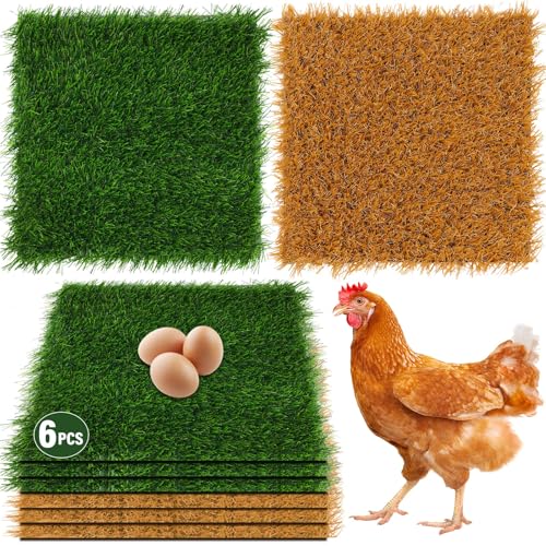 6 PCS Chicken Nesting Pads 12''x12''washable nesting pads for chicken coop | Artificial Grass Box Liners for Laying Eggs Green and Light Brown Chicken Bedding for Nesting Box Pets Garden Indoor Outdoor - size: 6 PCS