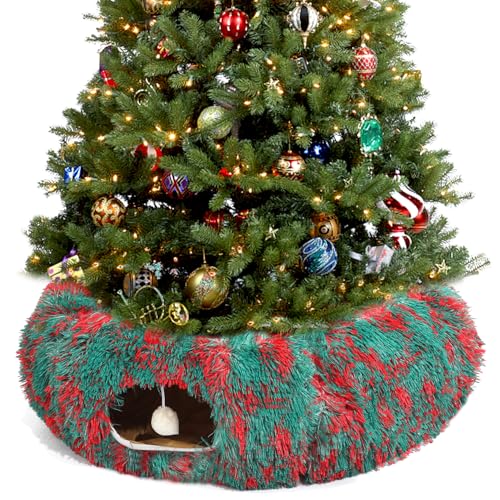 Warm Fluffy Plush Cat Tunnel Bed Under Christmas Tree Big Tube Playground Toys 3 FT Diameter Longer Crinkle Collapsible 3 Way, for Indoor Cat Kitty Kitten Puppy Rabbit Ferret Green-Red - color: Green