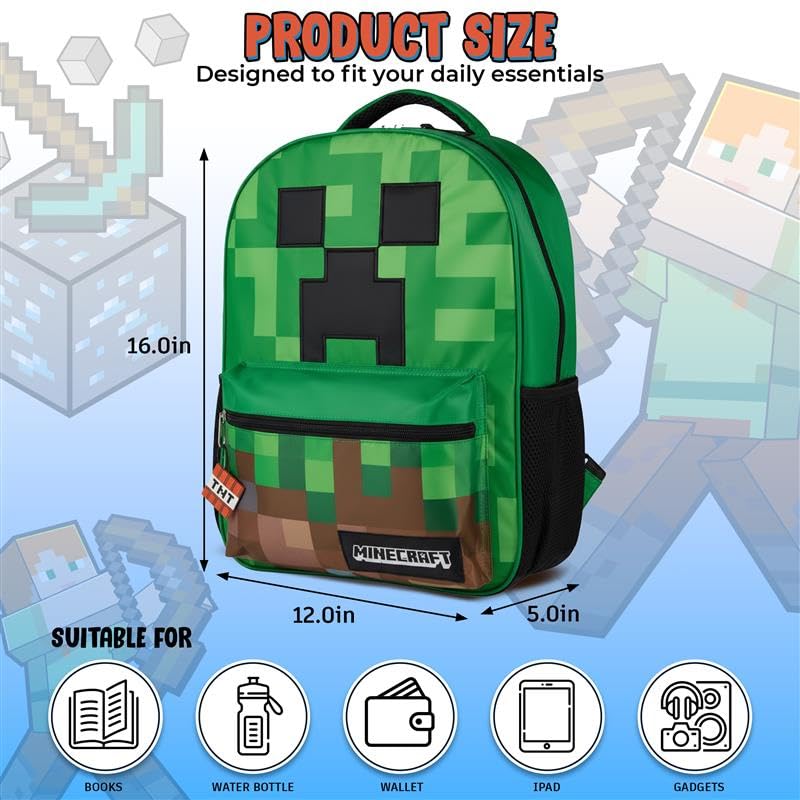 AI ACCESSORY INNOVATIONS Minecraft Backpack for Boys & Girls, Big Face Creeper School Bag with Front Pocket, TNT Rubber Molded Dangle, Green - style: Minecraft