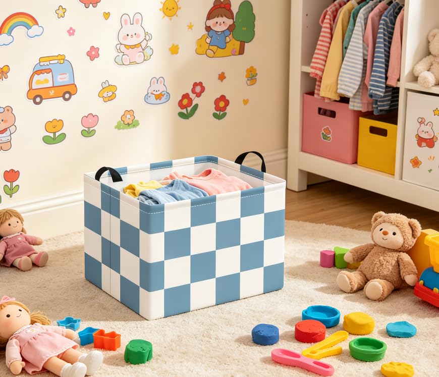 Rectangular Baby Kids Storage Basket for Home Kitchen Girls Cute Toy Storage Bin Organizer Shelf Book Room Decor(Blue Checkered) - color: Blue Checkered