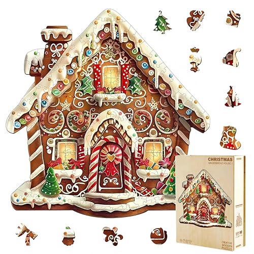 Wooden Puzzles Adults, Christmas Gingerbread House Wooden Puzzles 100 Pieces, Unique Animal Shaped Wood Challenging Jigsaw Puzzles Gifts for Adults, 8.4x8.3in - color: Christmas Gingerbread House, size: Small