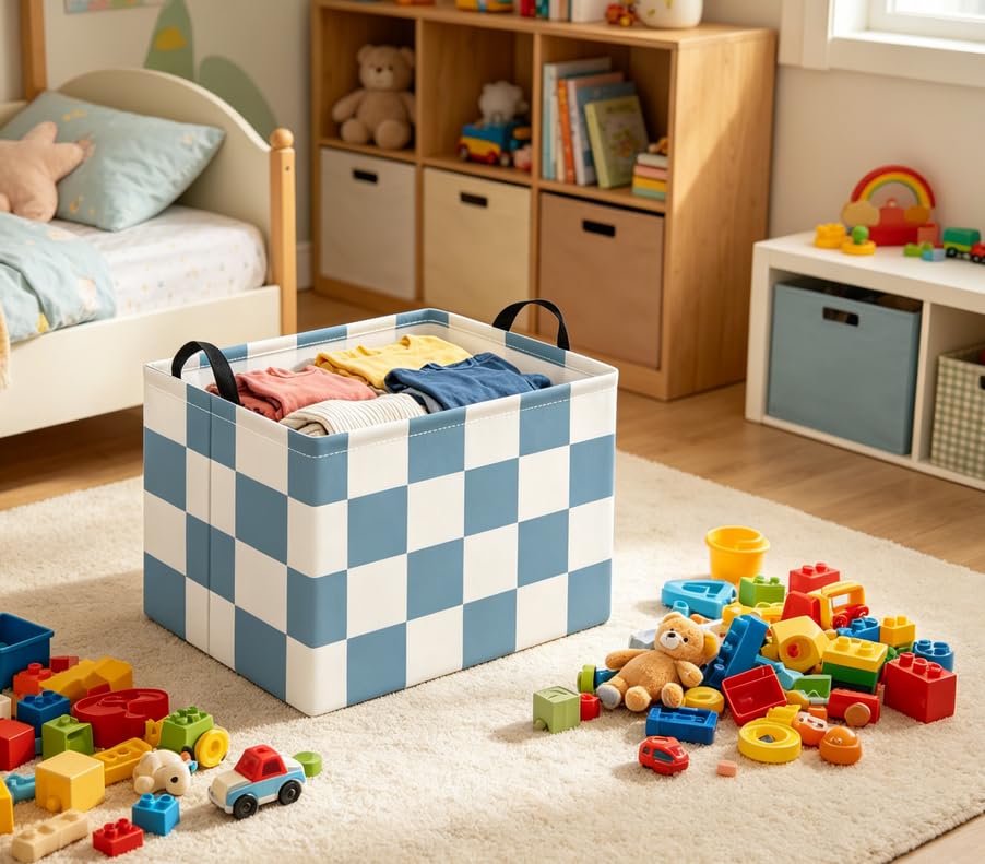Rectangular Baby Kids Storage Basket for Home Kitchen Girls Cute Toy Storage Bin Organizer Shelf Book Room Decor(Blue Checkered) - color: Blue Checkered