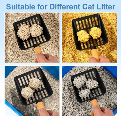 Cat Litter Scoop, Metal Litter Scoop, Short with Holder | Heavy Duty Metal Cat Scooper for Litter Box, Black Sifter Scoop for Pellets, Wooden Handle Scoop with Hole, Kitty Necessity - size: Cat Litter Scoop Short with Holder