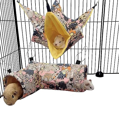 Guinea Pig Rat Tunnel Ferret Hammock, Small Animal Corner Tunnel & Tubes & Bed for Hedgehog Piggy Chinchilla Hideout Toys and Cage Accessories (3.Hammock&Tunnel, Pink cat) - color: 4.Hammock&Tunnel-Pink cat