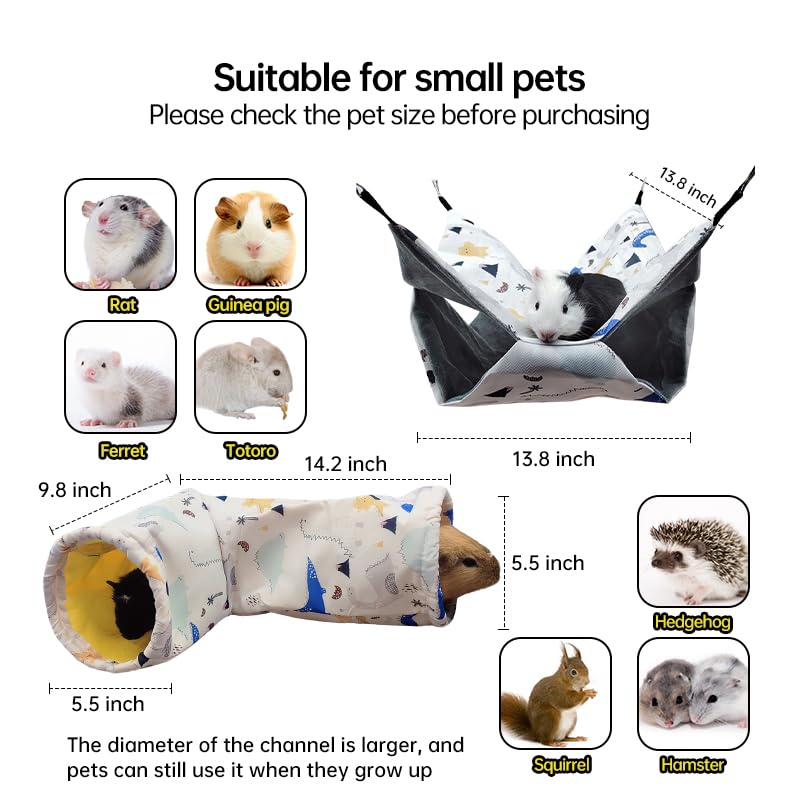 Large Caliber Guinea Pig & Rat Tunnel Hideout & Hammock, Corner Hideout Toy for Guinea Pig, Ferret, Hedgehog & Piggy to Hide and Shuttle (1. Hammock&Tunnel-Dinosaur) - color: 1. Hammock&Tunnel-dinosaur