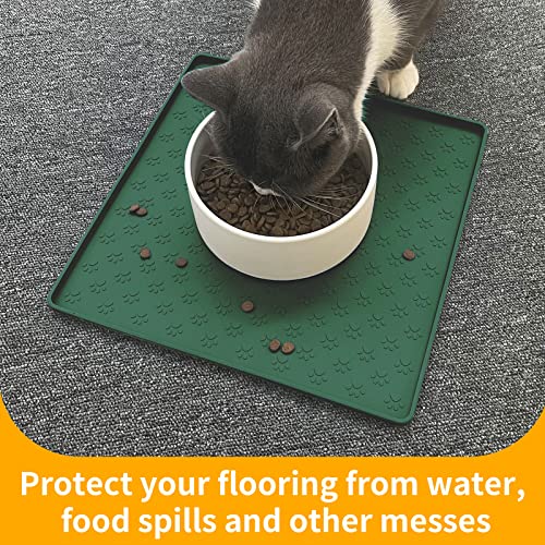 Ptlom Pet Placemat for Dog and Cat, Waterproof Silicone Pet Feeding Bowl Mats for Food and Water, Small Medium Large Dogs Mat Prevent Residues from Spilling to Floor, Hunter, 11.8"x11.8" - color: Hunter Green, size: 11.8"L x 11.8"W