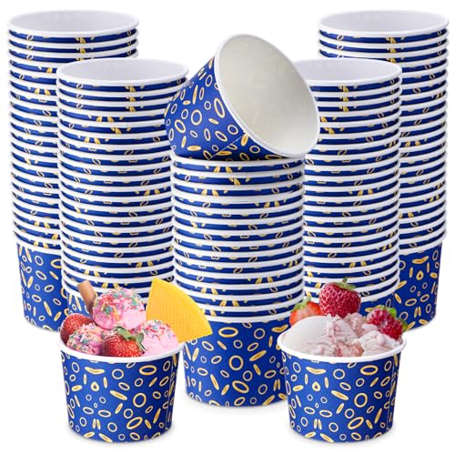 Jingmore 100 Pcs Ice Cream Paper Cups Bulk 8 oz Disposable Dessert Bowls for Hot or Cold Food Snack Treats Gift for Birthday Summer Party Favor Decoration(Blue Gold Ring) - style: Blue Gold Ring