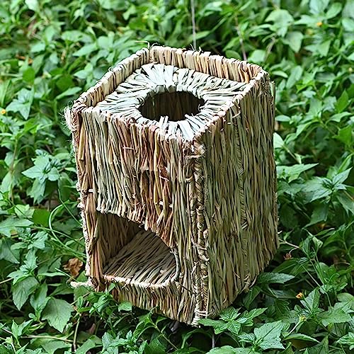 Foldable Grass Woven Animal Hut Bunny House Play Hideaway Bed Mat Chew Toy for Rabbit Guinea Pigs Gerbils Hamster (12"x8"x8") - size: 12"x8"x8"