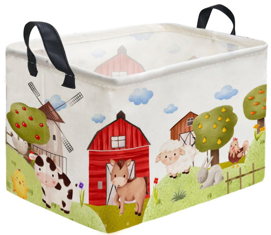 Rectangular Kids Baskets,Farm Baskets for Kids .Waterproof PE Coating Cute Basket with Handles.Boys Bins,Gifts Box,Books Basket. (Farm) - color: Farm