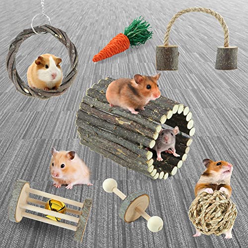 Hamster Toys Rat Toys Chinchilla Toys Hamster Chew Toys Natural Timothy Hay Sticks Apple Wood Sticks Ladder Bell Roller for Gerbil Guinea Pigs and Other Small Animal