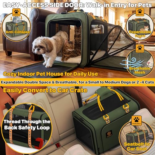 PAWZIDEA Large Pet Carrier Expandable, 24"×16"×16" Soft-Sided Cat Carrier for 2–4 Cats up 55lb, Portable & Collapsible Small Medium Dog Travel Crate for Car, XL Storage Pocket, ID Card, Shoulder Strap - color: Forest Green, size: 24.0"L x 16.0"W x 16.0"H