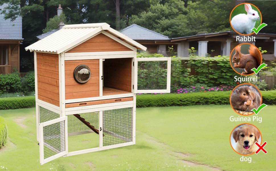 2-Tier Wooden Rabbit Hutch, Outdoor Bunny Cage with Pull-Out Tray, Ramp, Waterproof Roof, Large Space Pet House for Rabbit Guinea Pig Chicken, Indoor Outdoor Small Animal Habitat（96484）