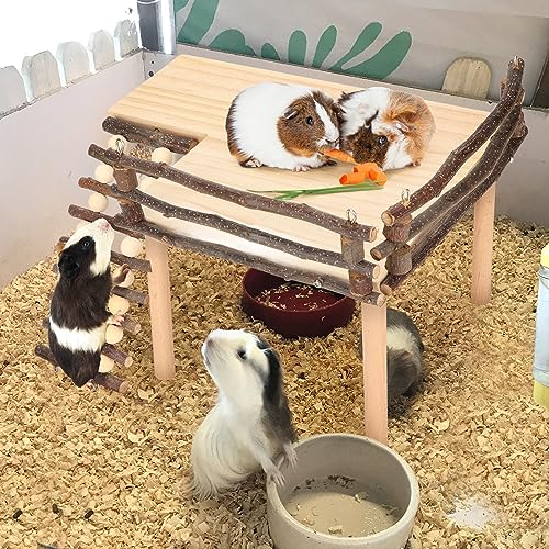 Estink Small Animal Wooden Climbing Platform Set with Ladder and Fence | Natural Log Hideout, 11.8 Inch Wide Platform, Climbable Ramp for Dwarf Hamster Gerbil Mouse, Rustic Cage Decor Playgroun