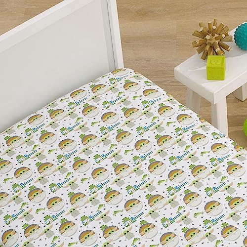NoJo Star Wars The Mandalorian Grogu White, Green, and Blue Nursery Fitted Crib Sheet - color: White, Green, Blue, size: Crib