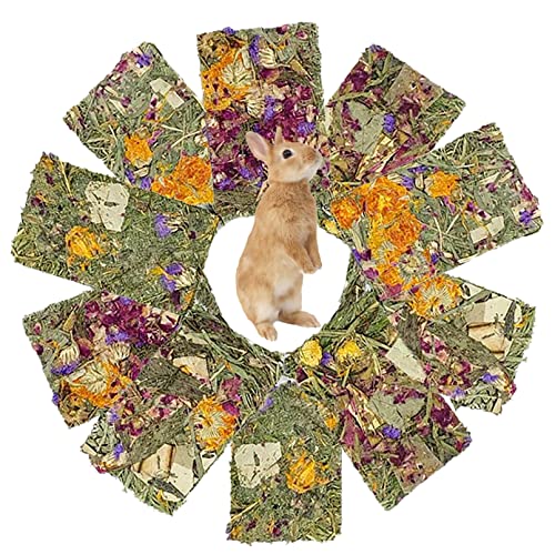 10 Pcs Rabbit Chew Toys for Teeth,Chinchilla Natural Timothy Hay Chips Treats Guinea Pig Floral Scent Snacks Treats Dental Health Chewable for Hamsters,Rabbits,Bunny,Chinchillas