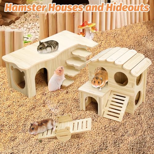 BNOSDM Hamster Tunnel Hideout Set, Wooden Hamster House Toy with Slide & Seesaw, Small Animals Cage Accessories for Syrian Dwarf Hamsters, Gerbils - color: Style D