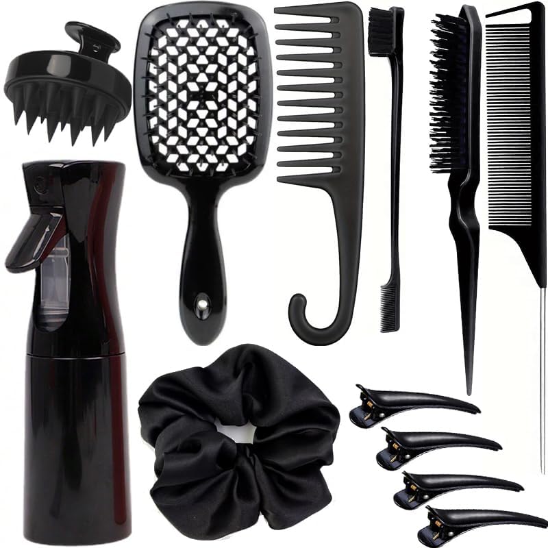 12 Pcs Hair Styling Brush Set with Detangler, Teasing, Rat Tail, Edge Brushes and Baby Hair Brushes - Soft Bristles for Baby Girls and Women (Black) - color: Black