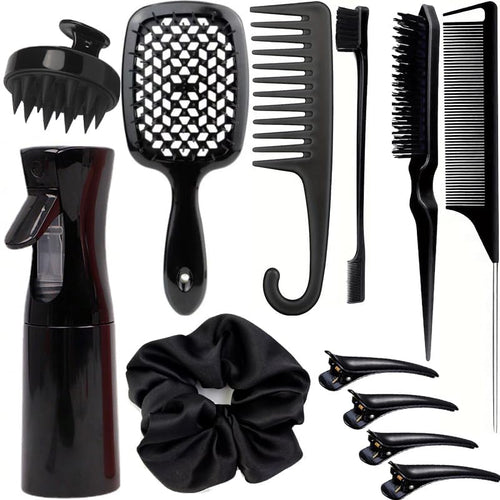 12 Pcs Hair Styling Brush Set with Detangler, Teasing, Rat Tail, Edge Brushes and Baby Hair Brushes - Soft Bristles for Baby Girls and Women (Black) - color: Black
