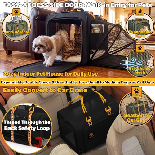 PAWZIDEA Large Pet Carrier Expandable, 24"×16"×16" Soft-Sided Cat Carrier for 2–4 Cats up 55lb, Portable & Collapsible Small Medium Dog Travel Crate for Car, XL Storage Pocket, ID Card, Shoulder Strap - color: Black Warrior, size: 24.0"L x 16.0"W x 16.0"H