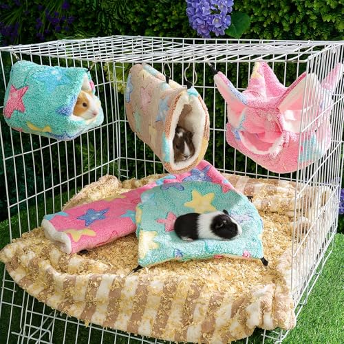Abbylike 9 Pieces Rat Hammock 3 Tier Guinea Pig Ferret Hammocks Small Pet Hanging Tunnel Glider Toy Guinea Pig Ferret Hideout Bed Cage Accessories for Hamster (Green, Pink, Brown,Stars) - color: Green, Pink, Brown