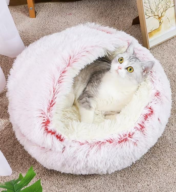 Round Fluffy Hooded Cat Bed Cave, Anti-Anxiety Cave Bed with Blanket | Hooded Cat Bed Cave, Cozy Cuddler Luxury Puppy Pet Bed, Anti-Slip Bottom and Machine Washable - color: Pink, size: Medium