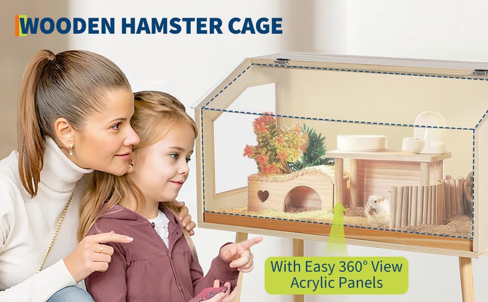 Spacious Wooden Hamster Cage with Acrylic Window & Openable Top – Raised Legs, Seesaw, Platforms, Water Bottle – Chew-Proof Habitat for Dwarf Syrian Hamster, Gerbil, Mouse, Rat – Small Size 81 - size: 32" L x 16" W x 40" H