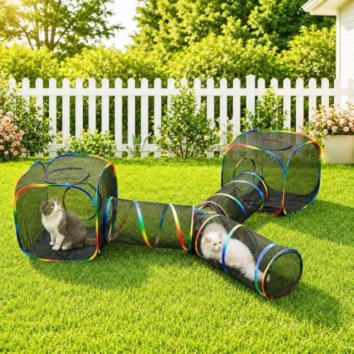 Outdoor Rainbow Cat Enclosures Playground,Outside House for Indoor Cats Include Portable Tent, 3 Way with 2 Cube Tunnel, for Kitty and Small Animals,Within Storage Bag - size: 2 Cube+3-Way Tunnel (no tent)