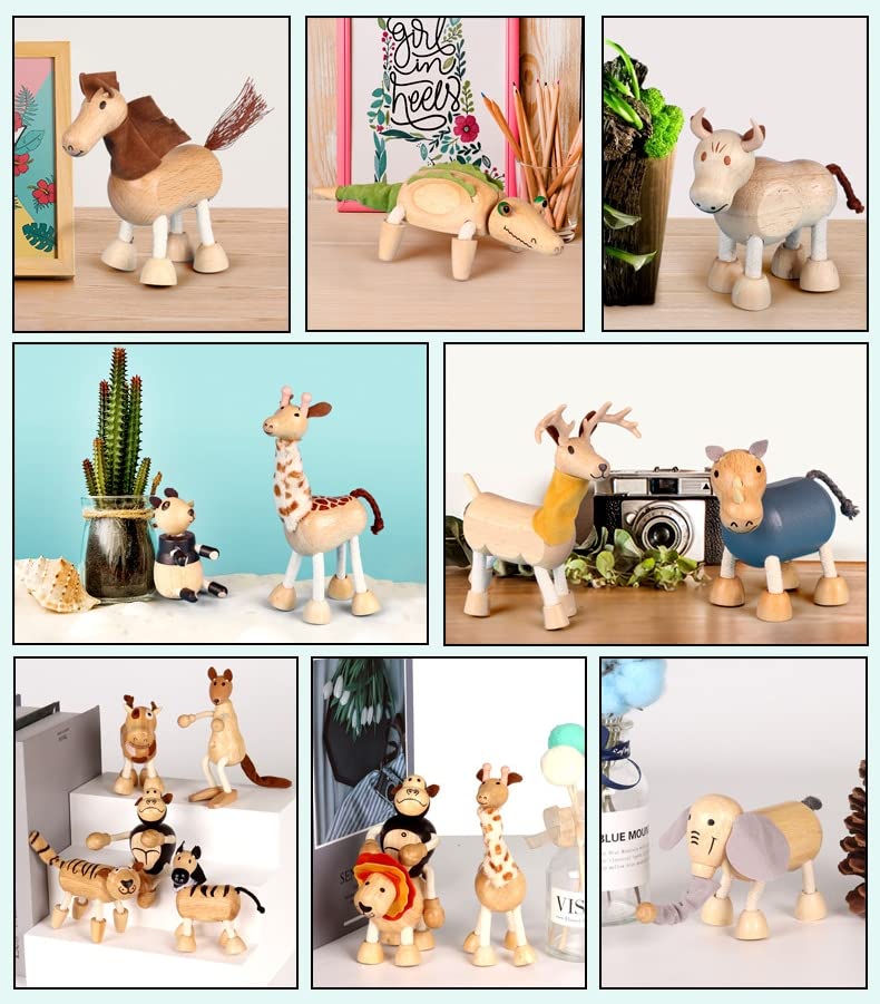 6 Pack Bendable Wooden Animal Figurines Toys, Smooth Natural Wood Zoo Jungle Safari Animals Figures - color: 6 Pack Zoo