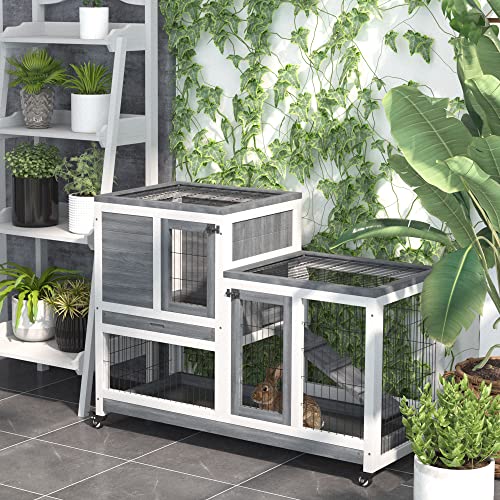 PawHut Wooden Rabbit Hutch Elevated Bunny Cage Indoor Small Animal Habitat with Enclosed Run with Wheels, Ramp, Removable Tray Ideal for Guinea Pigs, Grey | Small Animal Habitat, Enclosed Run, Wheels, Ramp, Removable Tray for Rabbits, Chickens, Ducks - co