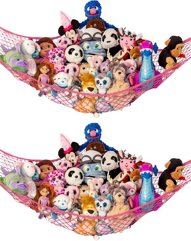 Stuffed Animal Hammock XL 2 Pack | Corner Stuffed Animal Storage & Plushie Net | Extra Large Toy Hammock for Stuffed Animals | Easy Hang, Hardware Included | Coral Bedroom Decor | by Lilly's Love - color: Coral, size: 2 Pack (XL) - 79" x 63" x 63"