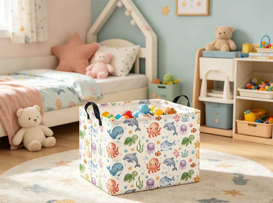 Rectangular Baby Kids Storage Basket for Home Kitchen Girls Cute Toy Storage Bin Organizer Shelf Book Room Decor(Cute Ocean) - color: Cute Ocean