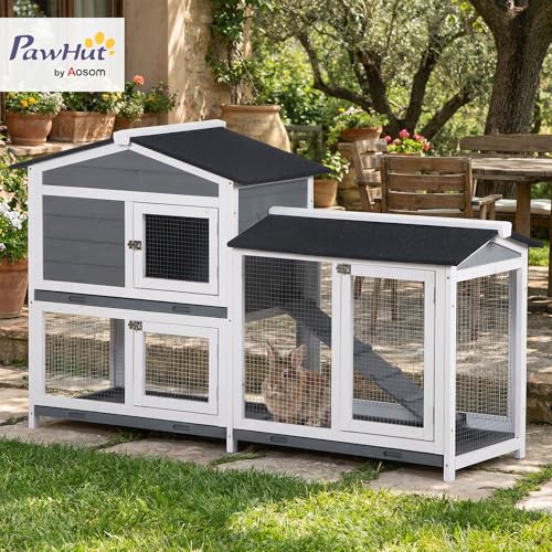 PawHut 62" Rabbit Hutch, Wooden Bunny Hutch, Guinea Pig Cage, Small Animal Enclosure with Run Area, Removable Tray, Asphalt Roof, Lockable Doors and Ramp, Gray | Wooden Bunny Hutch, Guinea Pig Cage, Small Animal Enclosure, Removable Tray, Asphalt Roof, Lo