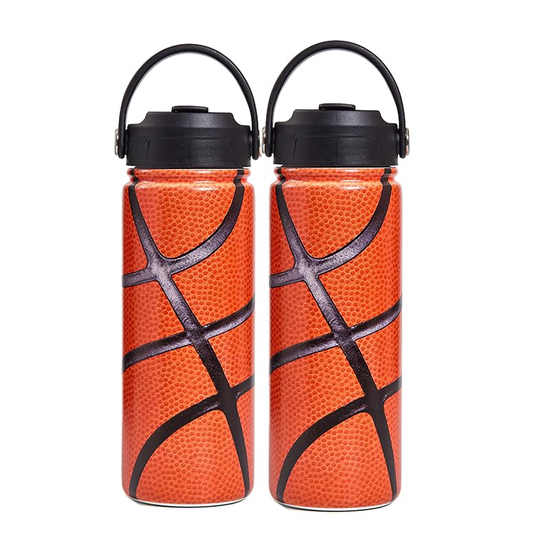 2Pack 18oz Gift Stuff Kids Insulated Water Bottle - Stainless Steel Water Bottles for School Travel Leak Proof Vacuum Metal (Basketball, 18 Ounces) - color: Basketball