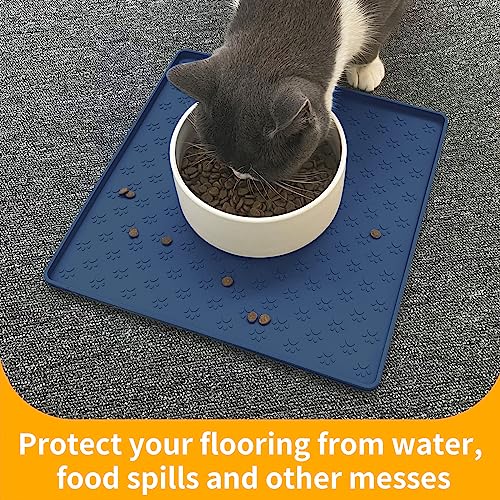 Ptlom Pet Placemat for Dog and Cat, Waterproof Non-Slip Silicone Feeding Bowl Mat Prevent Food and Water Overflow, Puppy Dish Feeder Fountain Trays Suitable for Medium and Small Pets, Navy Blue - color: Navy Blue, size: 11.8"L x 11.8"W