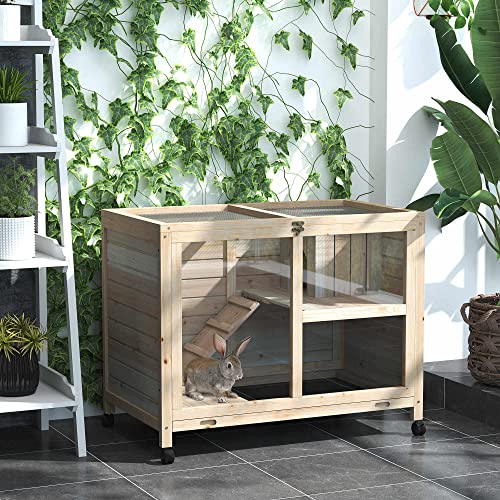 PawHut Rabbit Hutch with Wheels, Desk and Side Table Sized, Wooden Rabbit Cage, Waterproof Small Bunny Cage with Removable Tray, Openable Roof, for Indoor & Outdoor, Natural | Wooden Rabbit Cage, Waterproof Small Bunny Cage, Removable Tray, Openable Roof,