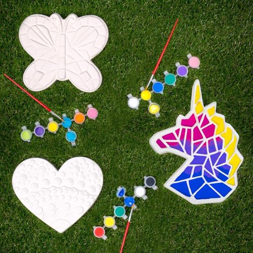 Creative Roots Paint Your Own Stepping Stones Multipack with Butterfly, Unicorn, & Heart, 3 Ceramic Stepping Stones (7 Inch Each), 18 Acrylic Paints, 3 Paintbrushes, Ages 8+ - style: 3 Pack Mystical