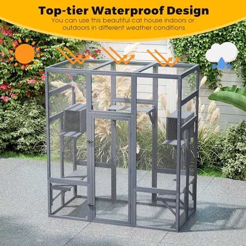 COZIWOW Weatherproof Wooden Multi-Level Indoor Outdoor Cat Enclosure | Multi jump platforms, resting boxes, lockable door, multi-pet compatible, weatherproof wood, easy assemble & clean
