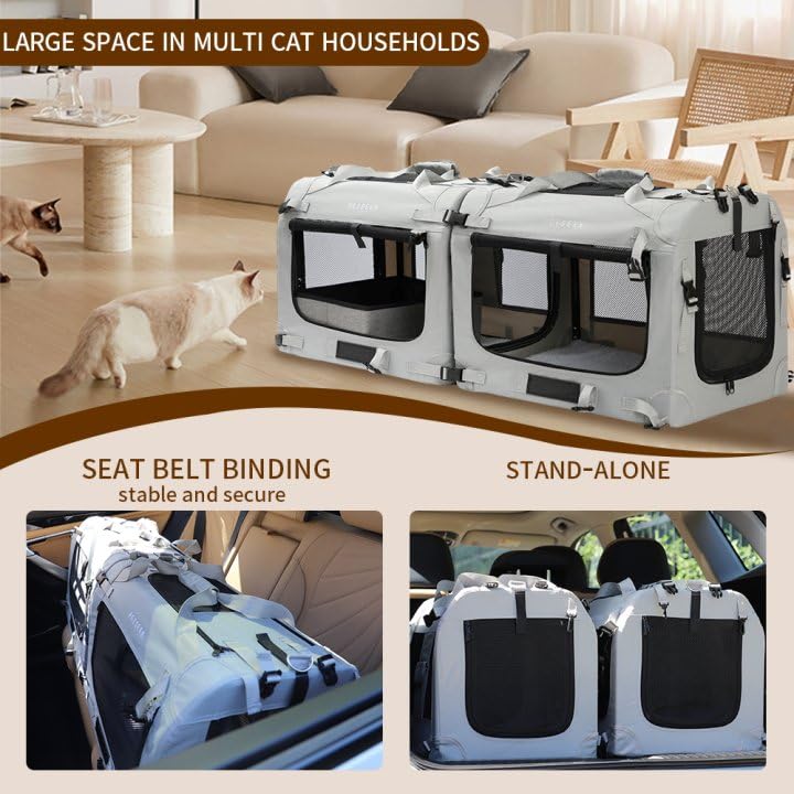 Extra Large Cat Carrier Soft Sided, Portable Small Dog Carrier for 2 Cats, 24"x16.5"x16" Car Travel Folding Comfortable Design with Litter Box and Bowls, Grey-2+ Litter Box+ Bowl*2 - color: Grey-2