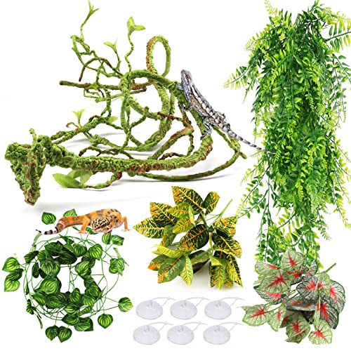 Reptile Plants, Terrarium Hanging Plant Vines Artificial Leaves Reptile Hide, Leopard Gecko Tank Accessories, Terrarium Decorations for Bearded Dragon Lizard Snake Geckos Chameleon