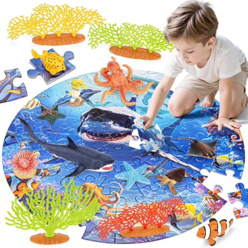 81PCS Large Realistic Ocean Sea Animal Toys with 20" Floor Puzzles for Kids, Kids Solid Ocean Animals Figuress Includ Shark,Octopus,Starfish,Sea Turtle for Toddler Boys Girls Birthday Gifts