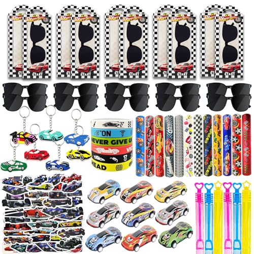 120PCS Race Car Party Favors, Race Car Birthday Decorations and Supplies | 120PCS race car party favors with bracelets, keychains, gift bags, glasses, stickers, bubble wands and mini cars. - style: Race Car