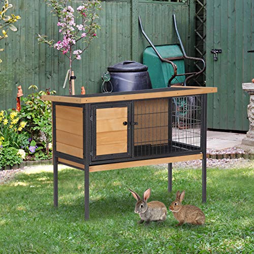 PawHut Rabbit Hutch Elevated Bunny Cage Metal Frame No Leak Tray Natural | Small Animal Habitat, Metal Wire Pan, Openable Water-Resistant Asphalt Roof, for Rabbits Chickens Ducks, Indoor/Outdoor
