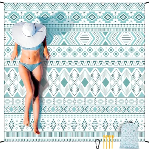 WIWIGO Beach Blanket Mat Waterproof Sandproof for 2-8 Adults Quick Drying | Extra Large, For 2-8 Adults,Windproof, Outdoor Picnic Mat, Beach Accessories Must Have,Gifts, for Travel, Camping, Hiking - color: Boho Style Green, size: 79" X 83"（1-4person）
